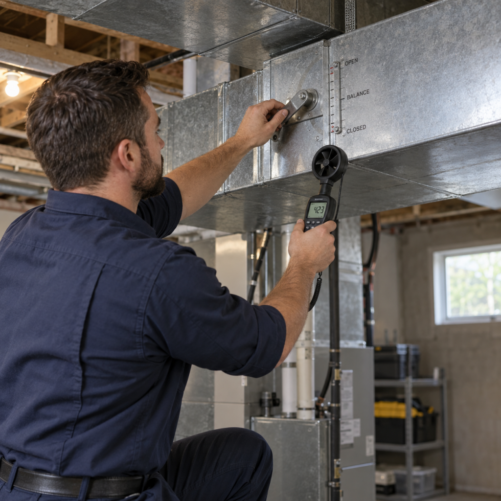 HVAC technician measuring and balancing airflow in metal ductwork for ductwork and ventilation services near me