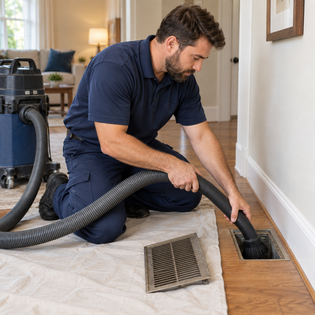 HVAC technician cleaning a floor air vent for ductwork and ventilation services in Santa Rosa Beach, FL